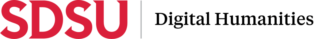 Official SDSU Digital Humanities Initiative horizontal logo. SDSU is in red font at the left, following by a light grey pipe and Digital Humanities in black font.