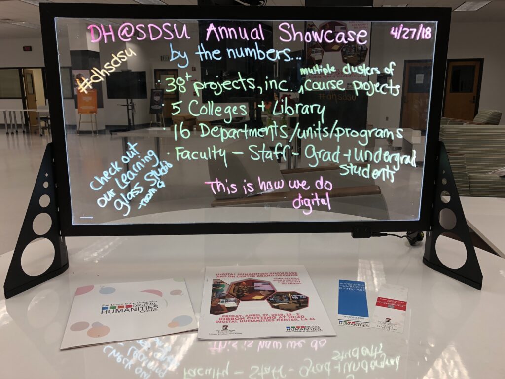 Snapshot from the 2018 Annual Showcase and DH Center Grand Opening. A mini learning glass sits on a white table. Written on the learning glass are various stats about the showcase. A DH@SDSU brochure, the showcase program, and bookmarks sit in front of the learning glass.